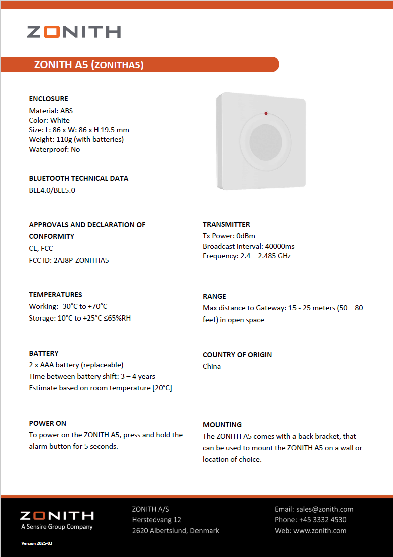 ZONITHA5 Alarm Button Datasheet with detailed technical information about the wall or desk mountable panic button.